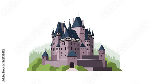 A regal castle, illustrated in a charming flat style, features multiple towers, a dark blue roof, set against a backdrop of trees. It is on a white background