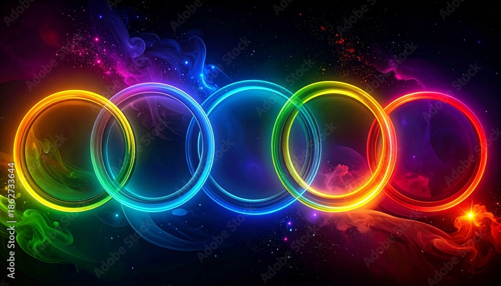 Obraz premium Harmonious Rings: A vibrant display of interconnected rings glows with radiant colors, creating a dynamic visual representation of unity and interconnectedness.
