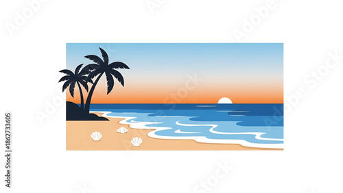 A seaside scene depicted with palm trees on a sandy beach, shells, and a sunset over the ocean. Simplified, graphic style