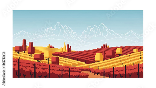 A scenic, flat vector illustration depicts a vineyard in autumn with red & yellow foliage and mountains in the background. The sky is light blue
