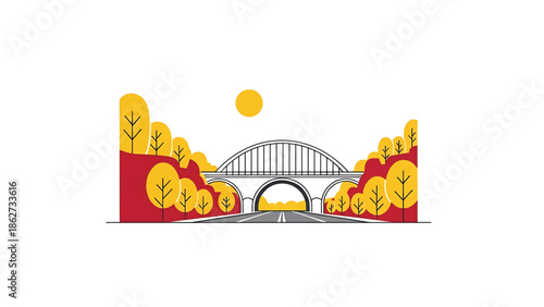 A scenic illustration depicting a bridge over a road surrounded by stylized trees with a sun in a vibrant, minimalist design
