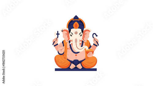 A seated divine figure with an elephant head, adorned in orange and blue. Its hands hold symbolic objects