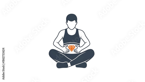 A seated figure in lotus position is centered, depicted in dark lines with an orange diamond at the belly. The background is white