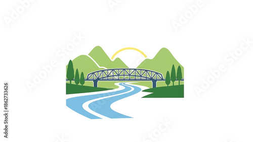 A scenic illustration depicting a bridge spanning a winding river, with green hills, trees, and the sun rising in the background