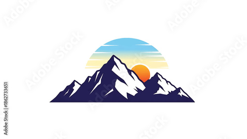 A scenic illustration depicting a mountain range set against a vibrant sunrise. The color palette includes blues, oranges, and yellows. The design has a textured, vintage effect