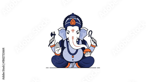 A seated figure with an elephant head, depicted in a minimalist style, holding objects in its hands with a serene expression