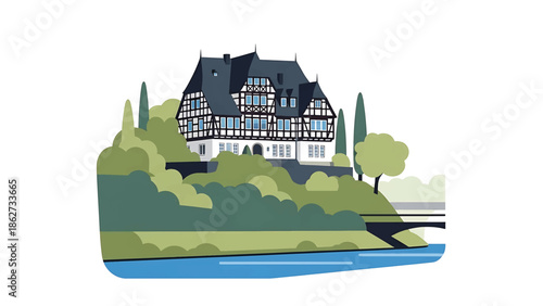 A scenic illustration depicting a traditional house with exposed timbers, nestled atop a lush green hill and adjacent to a tranquil river