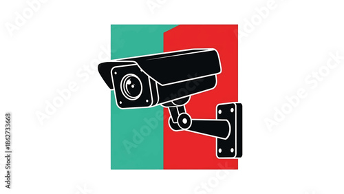 A security camera illustration against a backdrop of teal and red colors, showcasing a surveillance device in a stylized design