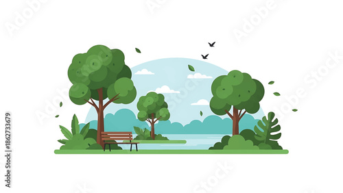 A serene park scene with trees, a bench, a lake, and birds under a partly cloudy sky, creating a calming, flat design illustration