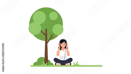A serene illustration features a woman seated in a cross-legged position under a tree. She is wearing headphones with her eyes closed. The scene is calm