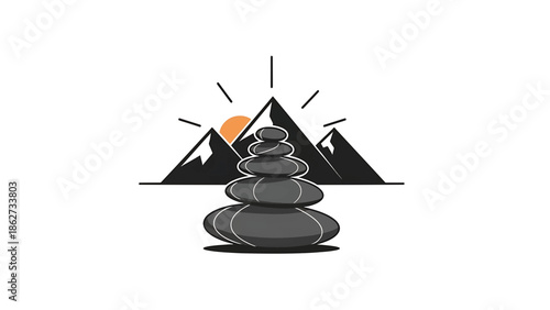 A serene illustration features balanced stones in front of a mountain range with a rising sun, symbolizing balance