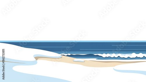 A serene seaside scene depicts a snowy beach with blue ocean waves and a clear sky, a minimalist winter landscape