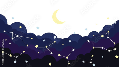 A serene illustration features constellations with stars connected by lines against a layered, dark blue cloudy sky and a yellow crescent moon