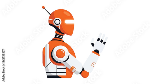 A robotic figure, predominantly orange with white and black accents, in a friendly gesture against a blank backdrop. Its antenna is raised, and the hand extends outwards