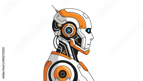 A side profile of a modern, stylized robot with orange and white accents, featuring a stylized face, and detailed mechanical elements