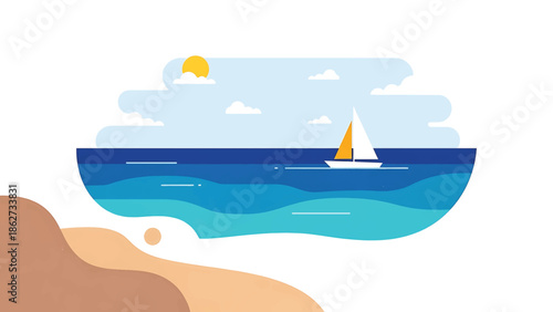 A serene seaside scene featuring a sailboat gliding across a blue ocean, under a sunny sky with clouds and a sandy shoreline