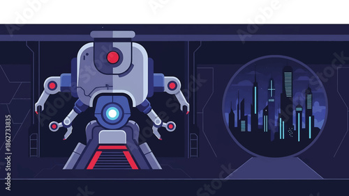 A robotic figure stands in a futuristic setting, viewing a city through a portal. The artwork features a palette of cool blues and reds