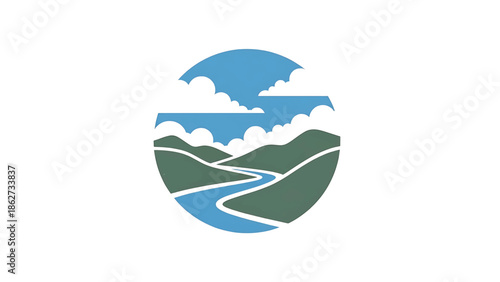 A serene landscape, enclosed within a circle, depicting mountains, a winding river, fluffy clouds, and blue sky. A simple, natural scene
