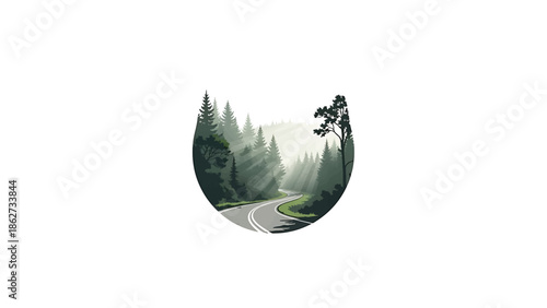 A scenic illustration features a winding road through a forest. Sunlight filters through the trees, creating an atmosphere of tranquility