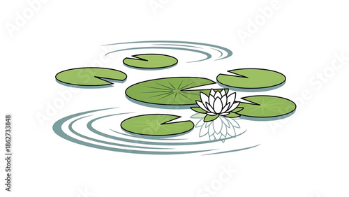 A serene illustration features lily pads scattered on tranquil water, adorned with a white flower and its subtle reflection. Lines depict the water's surface