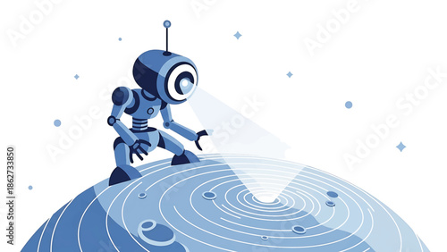 A robotic figure stands on a circular surface, using a beam of light to illuminate the space below. The backdrop is white