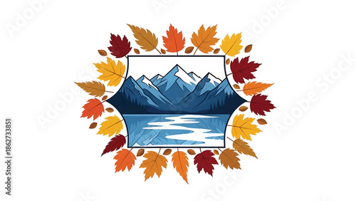 A scenic illustration features mountains and a lake within a framed border. Colorful autumn leaves surround it