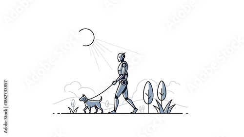 A robotic figure takes a canine for a walk on a sunny day. The illustration features a minimalist design with simple lines and shading