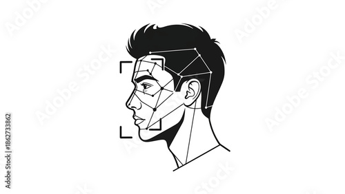 A side profile of a person's head and neck is depicted with interconnected lines and square corner brackets.  The hair is stylized