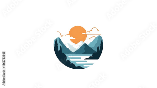 A serene landscape, enclosed within a circle. Sun shines above the mountains, trees frame a lake with stylized clouds. A simple, inviting design