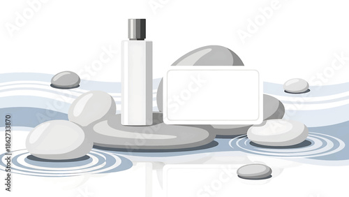 A serene illustration features smooth grey stones arranged in water, with a minimalist bottle and an empty label. Soft blue water ripples