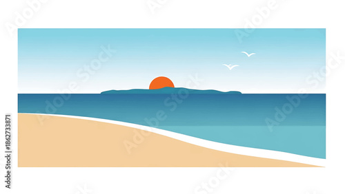 A serene seaside scene featuring a sandy beach, turquoise water, the horizon with an island, a setting sun, and flying birds