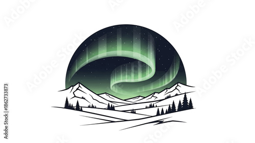 A scenic illustration features the northern lights swirling over a mountain range with silhouetted trees, all set within a circular frame