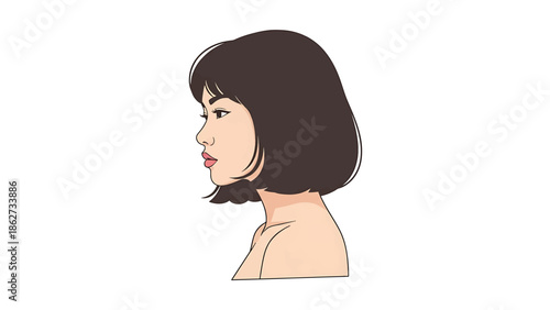 A side profile of a woman with short, dark hair and fair skin. She has a neutral expression, with softly defined facial features. The design is simple, minimalist, and cartoon-like