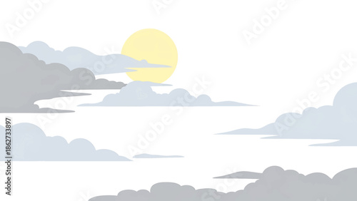 A serene illustration features soft clouds in varying shades of gray and blue against a bright yellow sun in a white sky. The minimal design evokes peace