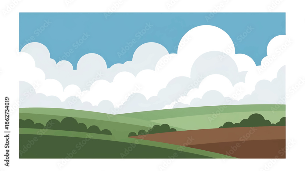 Obraz premium A serene landscape features rolling hills, lush fields, fluffy clouds against a blue sky, and hints of trees, evoking peacefulness