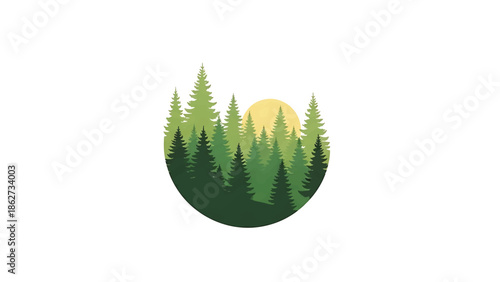 A serene landscape features stylized evergreen trees in varying shades of green, with a soft yellow sun rising from behind them. It's enclosed within a circular graphic