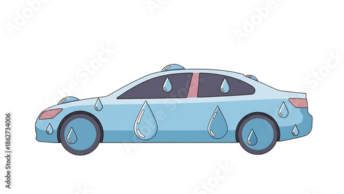 A side view illustration of a light blue sedan with stylized raindrops. The car is on a white background, featuring a simple design