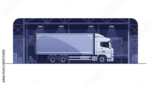 A semi-truck is parked inside a loading dock, beneath illuminated lamps. The illustration features a clean, simple graphic style