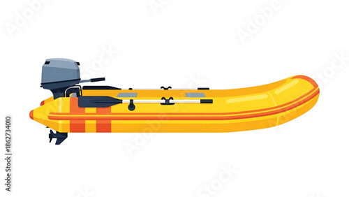 A side view illustration of an inflatable yellow boat with an outboard motor, oars, and orange stripes along the sides. Vector style
