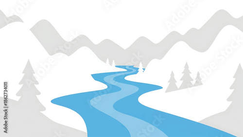 A serene landscape features a winding blue river flowing through a valley. Silhouetted mountains and evergreen trees frame the waterway