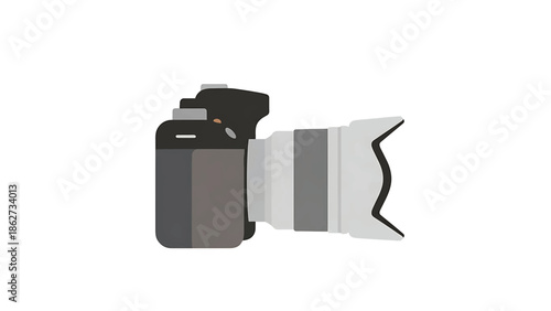 A side view of a digital photographic device with a large lens. The device is mostly grey, black and white, and isolated on white