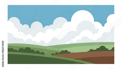 A serene landscape features rolling hills, lush fields, fluffy clouds against a blue sky, and hints of trees, evoking peacefulness