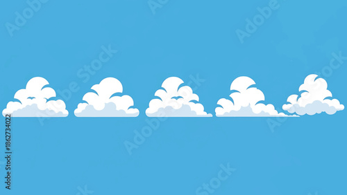 A serene sky scene featuring five fluffy white clouds against a bright blue backdrop. The clouds are different shapes and sizes