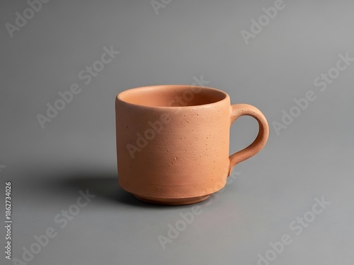 Minimalistic clay mug on a gray backdrop for pottery concept imagery