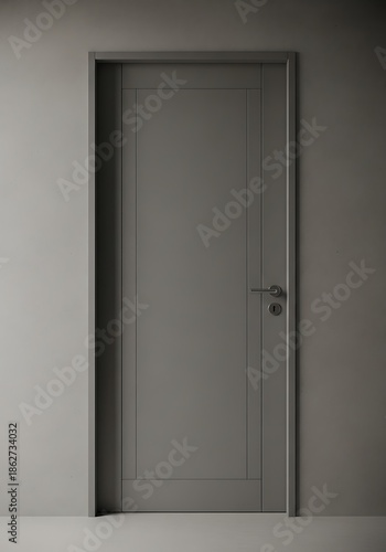 Minimalistic closed gray door with metal handle in matching frame