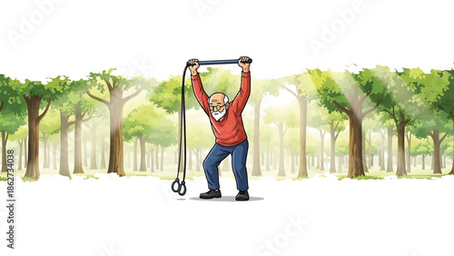 A senior man in a red top and glasses exercising with a bar and ropes in a sunny forest illustration