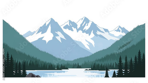 A serene landscape featuring a tranquil lake at the base of towering, snow-capped mountains. Lush green forests line the valley and water edges