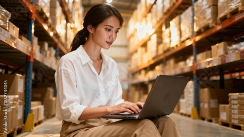 Woman working on laptop in warehouse