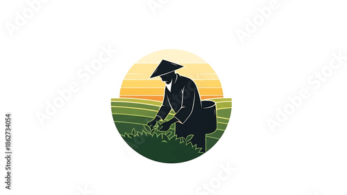 A serene silhouette of a farmer harvesting crops against a sunset backdrop, encapsulated in a circle. The detailed scene showcases a rustic aesthetic