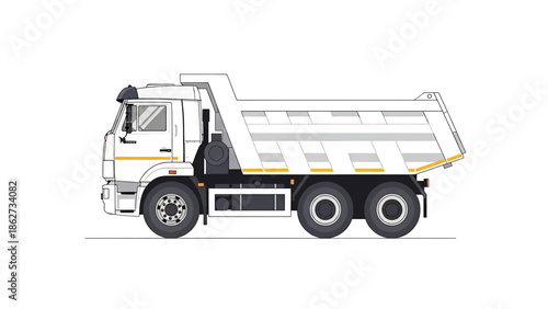 A side view of a white dump truck, depicted in a minimalist style. The vehicle is ready for work and features a detailed design of its cabin and loading bed